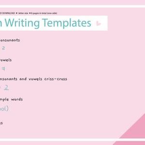 May include: Printable Korean writing templates with pink background. The template includes 2 pages of consonants, 2 pages of vowels, 1 page of consonants and vowels criss-cross, 1 page of simple words, and 2 blank pages.