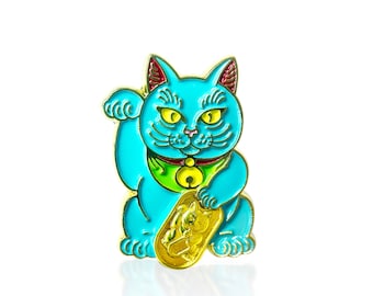 Blue Lucky Cat FREE SHIPPING - Maneki Neko - Enamel Pin - Japanese Money Cat