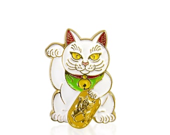 White Lucky Cat FREE SHIPPING - Maneki Neko - Enamel Pin - Japanese Money Cat