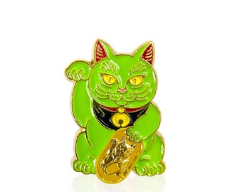 Green Lucky Cat FREE SHIPPING - Maneki Neko - Enamel Pin - Japanese Money Cat