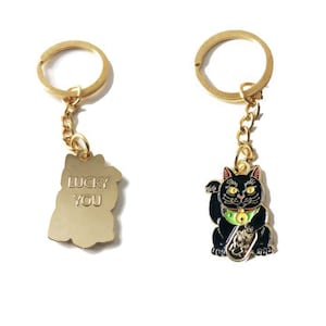Black Lucky Cat FREE SHIPPING - Maneki Neko - Enamel Keychain - Japanese Money Cat