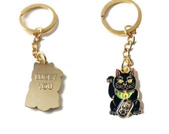 Black Lucky Cat FREE SHIPPING - Maneki Neko - Enamel Keychain - Japanese Money Cat