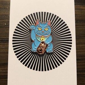 Blue Lucky Cat FREE SHIPPING Rose Gold Edition Maneki Neko Enamel Pin Japanese Money Cat image 3