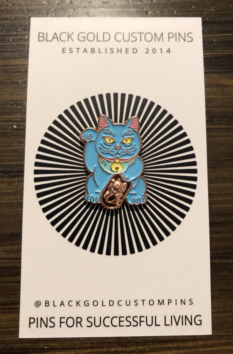 Blue Lucky Cat FREE SHIPPING Rose Gold Edition Maneki Neko Enamel Pin Japanese Money Cat image 3