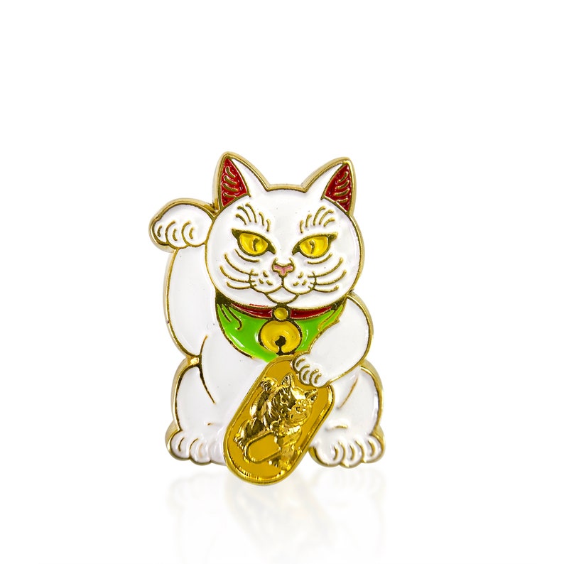 White Lucky Cat FREE SHIPPING Maneki Neko Enamel Pin Japanese Money Cat image 1