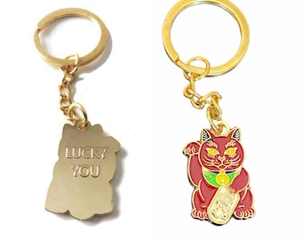 Red Lucky Cat FREE SHIPPING - Maneki Neko - Enamel Keychain - Japanese Money Cat