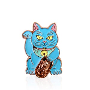 Blue Lucky Cat FREE SHIPPING Rose Gold Edition Maneki Neko Enamel Pin Japanese Money Cat image 1