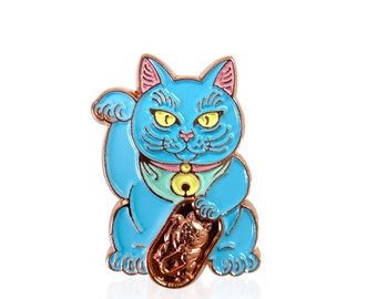 Blue Lucky Cat FREE SHIPPING - Rose Gold Edition - Maneki Neko - Enamel Pin - Japanese Money Cat