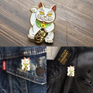 White Lucky Cat FREE SHIPPING Maneki Neko Enamel Pin Japanese Money Cat image 4