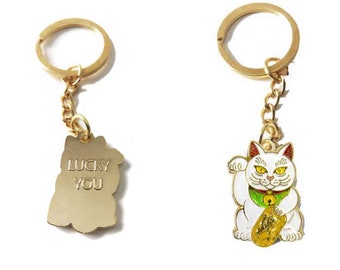 White Lucky Cat FREE SHIPPING - Maneki Neko - Enamel Keychain - Japanese Money Cat