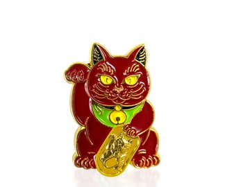 Red Lucky Cat FREE SHIPPING - Maneki Neko - Enamel Pin - Japanese Money Cat