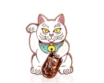 White Lucky Cat Pin Soft Enamel 1" - Rose Gold Edition