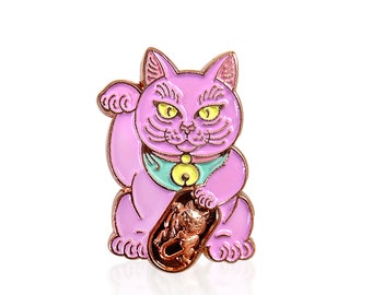 Pink Lucky Cat FREE SHIPPING - Rose Gold Edition - Maneki Neko - Enamel Pin - Japanese Money Cat