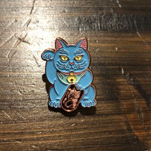 Blue Lucky Cat FREE SHIPPING Rose Gold Edition Maneki Neko Enamel Pin Japanese Money Cat image 4