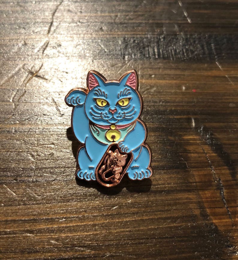 Blue Lucky Cat FREE SHIPPING Rose Gold Edition Maneki Neko Enamel Pin Japanese Money Cat image 4