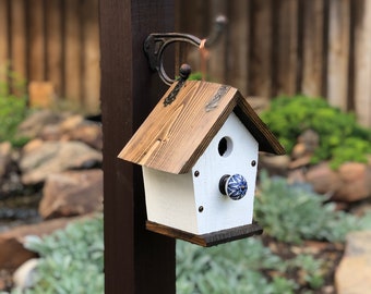 Rustic Hanging Outdoor Garden Birdhouse - Cedar Wood - White