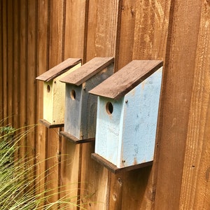 Puede incluir: Tres casas para p&aacute;jaros de madera montadas en fila sobre una pared de tablones de madera verticales. Cada casa cuenta con un techo inclinado, un orificio de entrada circular y un acabado pintado en amarillo p&aacute;lido, gris desgastado y azul claro.