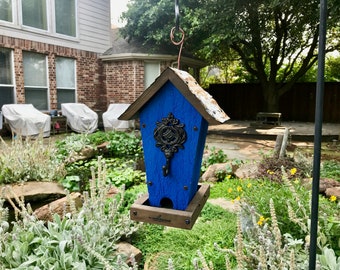 Rustic Bird Feeder - Hanging Bird Feeder - Cedar Wood - Deep Blue