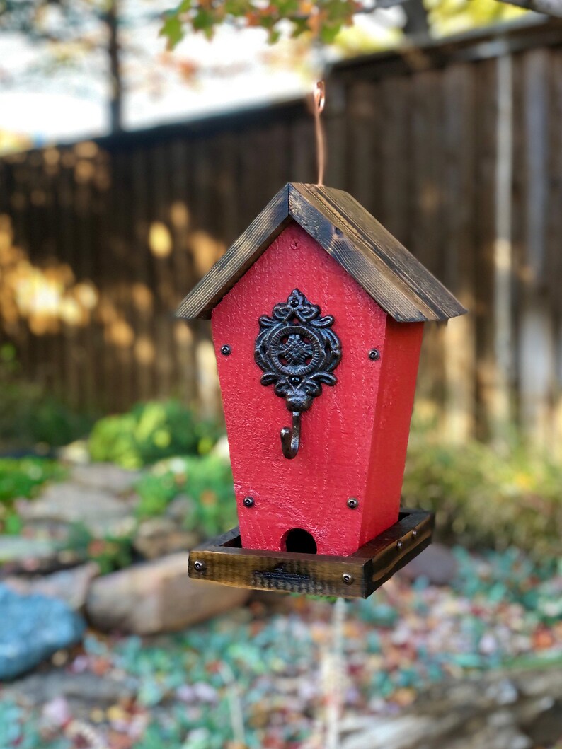 Rustic Bird Feeder Hanging Bird Feeder Cedar Wood Red, Fathers Day Gift image 3