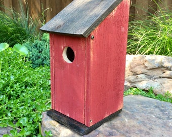 Rustic Bluebird House, Cedar Wood, Backyard Decor, Garden Decor, Barn Red, Distressed