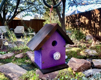 Rustic Hanging Outdoor Garden Birdhouse - Cedar Wood - Bird Garden Purple