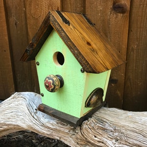 Rustic Outdoor Garden Birdhouse - Cedar Wood - Distressed Green