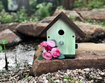 Può includere: Una piccola casetta per uccelli verde con un tetto marrone si trova su uno scoglio con fiori rosa. La casetta ha un piccolo foro rotondo per permettere agli uccelli di entrare.