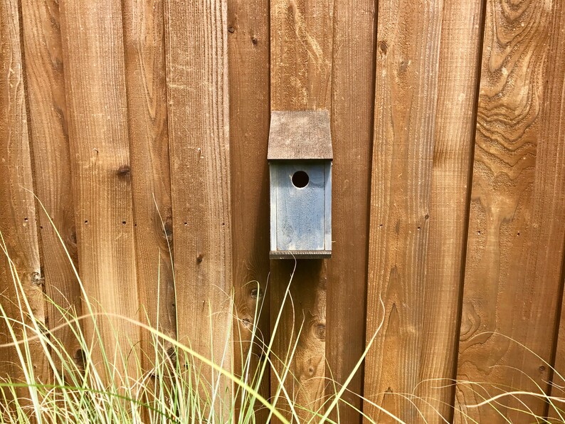 Puede incluir: Una casa para p&aacute;jaros rectangular de madera con un acabado azul claro desgastado y un techo inclinado de color marr&oacute;n oscuro. La casa presenta un &uacute;nico orificio de entrada circular centrado en el panel frontal y est&aacute; montada sobre una valla de madera.