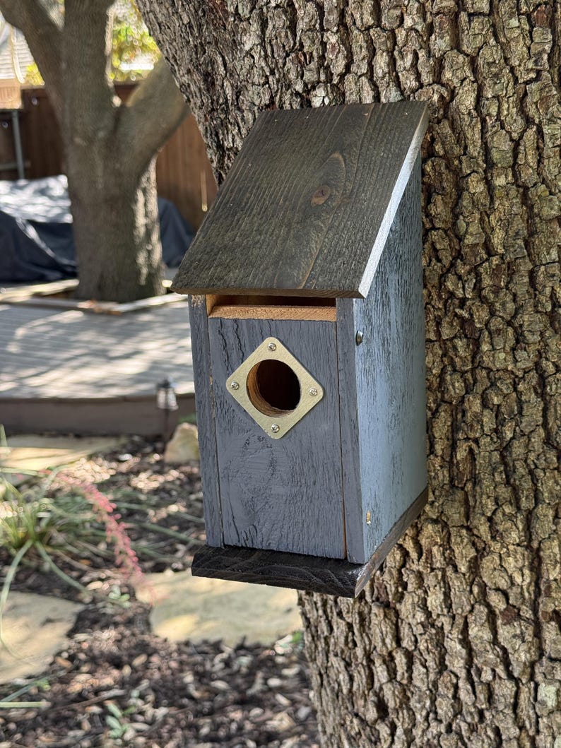 Puede incluir: Una casa para p&aacute;jaros de madera con un techo inclinado te&ntilde;ido de oscuro y un cuerpo pintado de gris. El frente presenta una placa de metal cuadrada con un orificio de entrada circular asegurado por cuatro tornillos. Montada sobre un tronco.