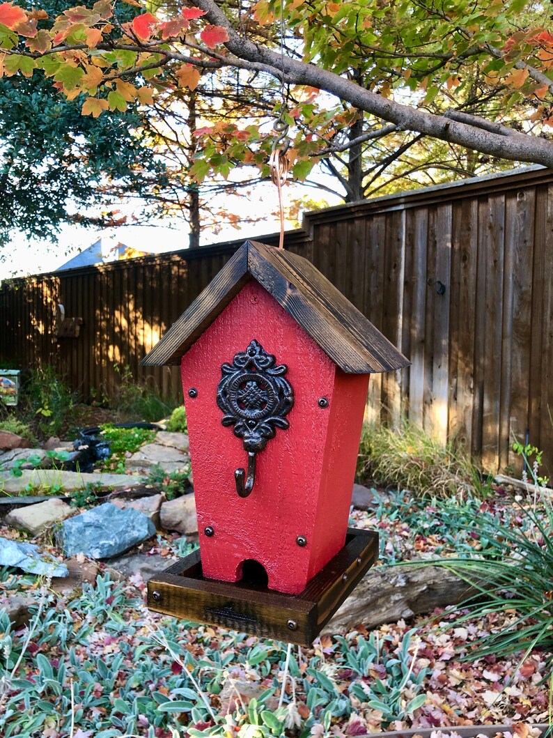 Rustic Bird Feeder Hanging Bird Feeder Cedar Wood Red, Fathers Day Gift image 2