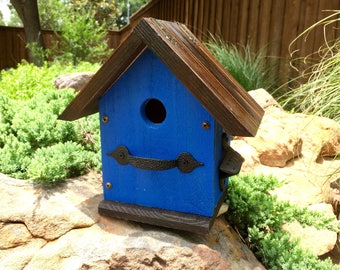 Rustic Outdoor Garden Birdhouse - Cedar Wood - Deep Blue