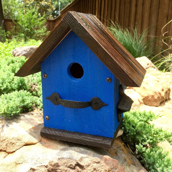 Rustic Outdoor Garden Birdhouse - Cedar Wood - Deep Blue