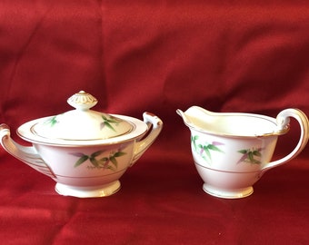 Vintage Harmony House Creamer and Sugar Bowl Mandarin Made in Japan Green Purple Gold Trim