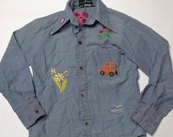 VTG 70's Kids Childrens Button Down Jean Long Sleeve Shirt - Daggar Collar, Light Wash, Hand Stitched Embroidery 1 of 2
