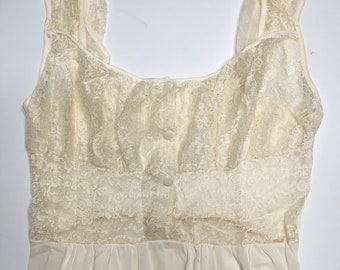 VTG 60’s Cream Nightgown Lingerie Sleep Boudoir Sleeveless Maxi, Gorgeous Lace & Pleat Detailing, Button Front • NEEDS EDITS •