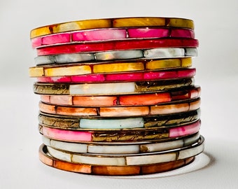 VTG Brass Mother Of Pearl Bracelets Lot Of 14 Multicolors 2.5” Wide Boho Bangles Stacked