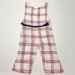 VTG 60s Boys Jumper Toddler Baby Red White Blue Patriotic Plaid Buttons Belt 12-24mo.