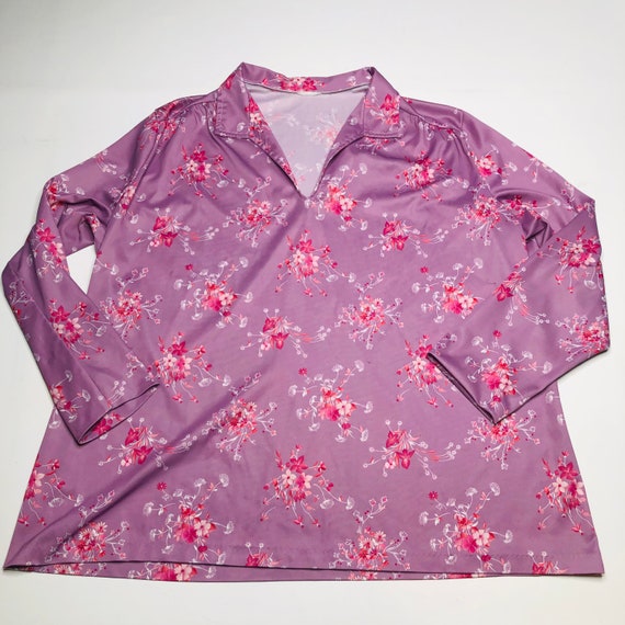 VTG 70s Womens Floral Collared Long Sleeve Top, F… - image 1