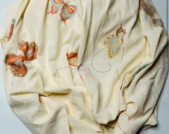 Vintage 70s Hanae Mori Twin Sheet: Cream Butterfly Print