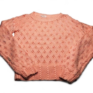 60s Handmade Knitted Cotton Sweater: Peach Diamond Pattern, Pullover / Crewneck, One of a Kind
