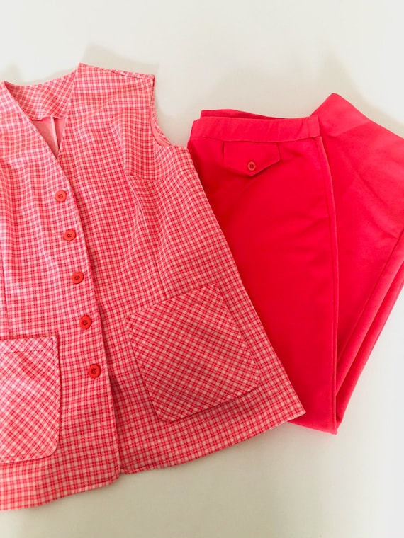 VTG 70’s Hot Pink Power Outfit Plaid Button Down V