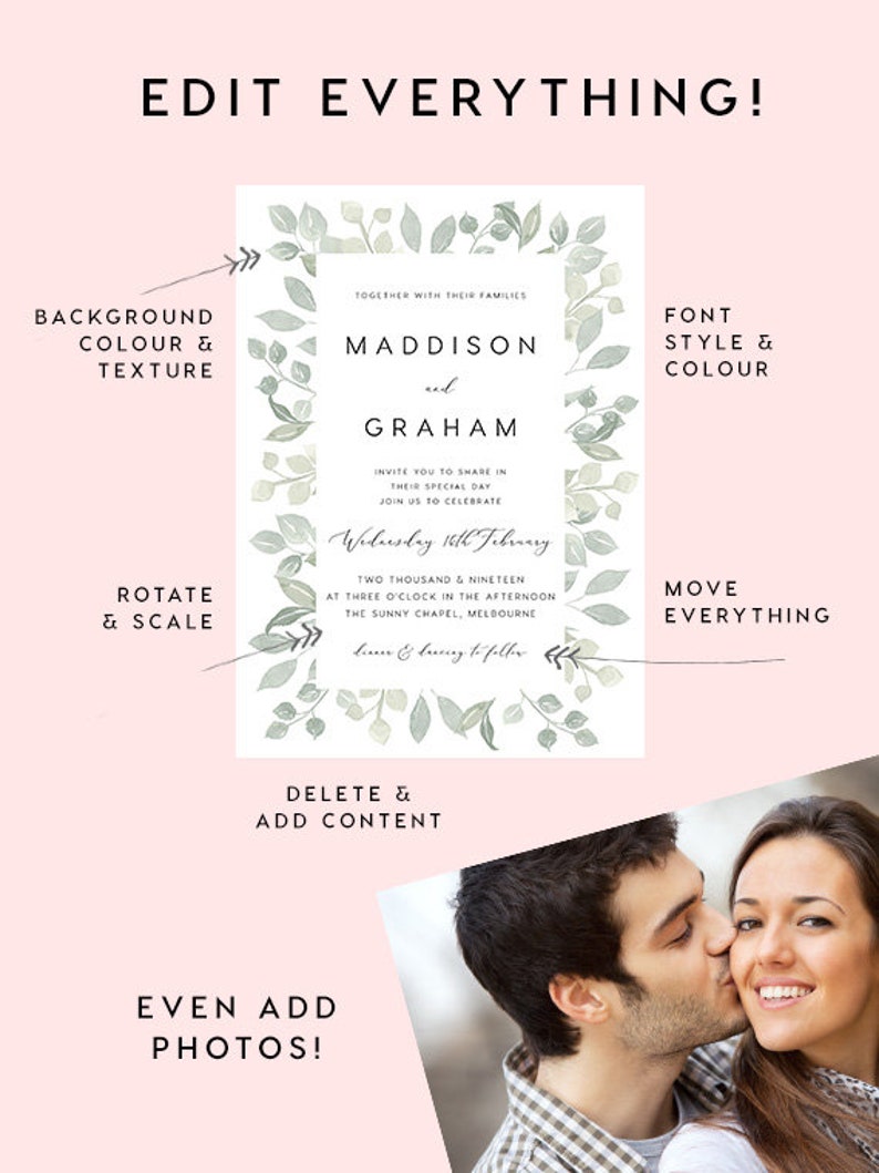 Editable PDF Rush Order Leaves Wedding Invite Greenery Wedding Invite Set INSTANT DOWNLOAD Rustle Green Wedding Invite Rustic Invite