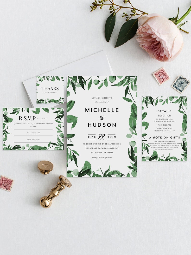 Editable PDF Rush Order Rustic Invite Majesty Greenery Wedding Invite Set INSTANT DOWNLOAD Green Wedding Invite Leaves Wedding Invite