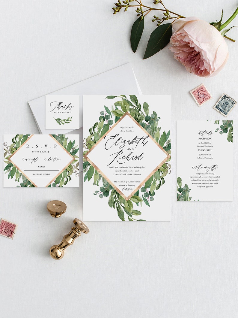 Editable PDF Rush Order Leaves Wedding Invite Greenery Wedding Invite Set INSTANT DOWNLOAD Rustle Green Wedding Invite Rustic Invite