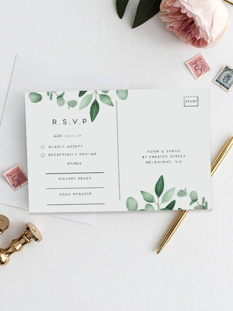 Eucalyptus Rsvp Postcard Printable INSTANT DOWNLOAD Templett Greenery Editable pdf Wedding Rsvp Card DIY Printable Invitation