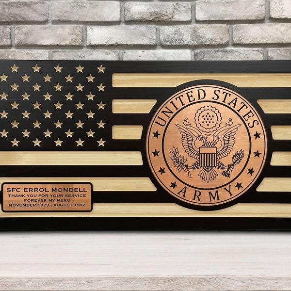 Personalized Wooden Ebony US Army Flag With Copper , Flush Mounted Inlay