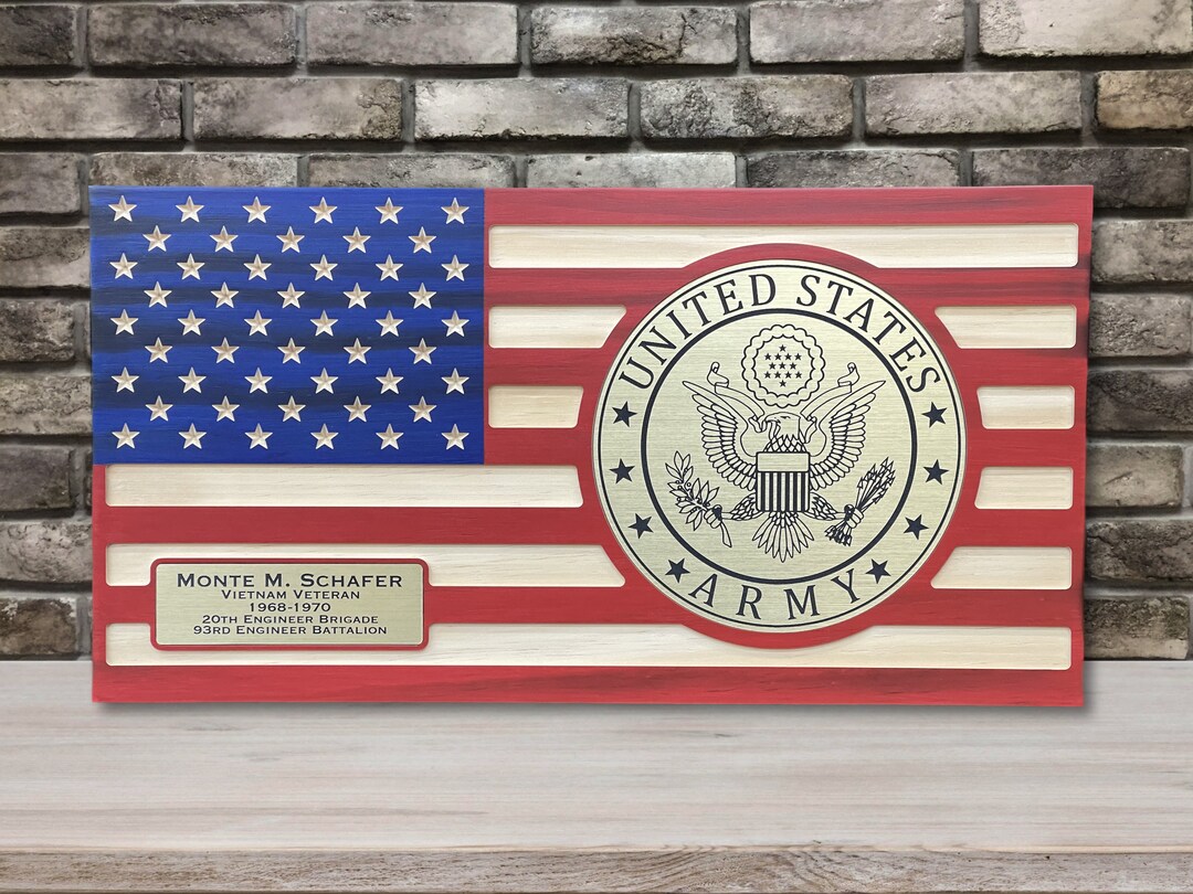 Army Retirement Gift, Personalized Wooden US Army Flag With Brass