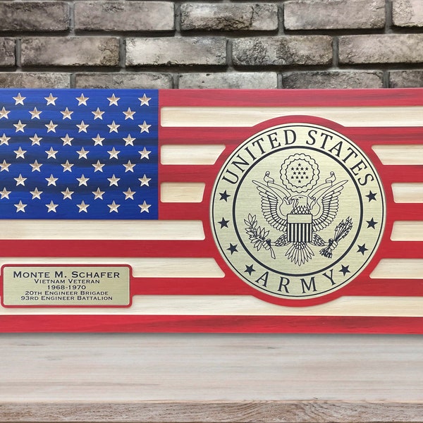 Army Retirement Gift, Personalized Wooden US Army Flag With Brass , Flush Mounted Inlay