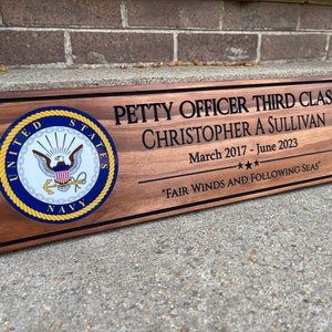 Personalized Navy Plaque With Full Color Emblem Gift, American Walnut Stain
