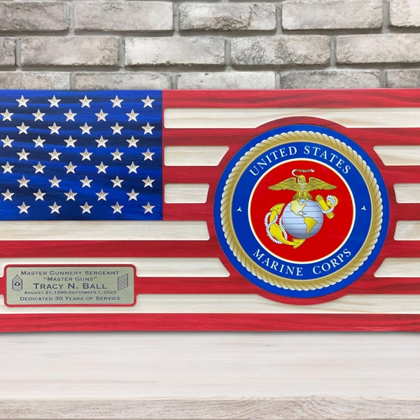 Personalized Wooden US Marine Flag Plaque Gift With Full Color Emblem , Flush Mounted Inlay